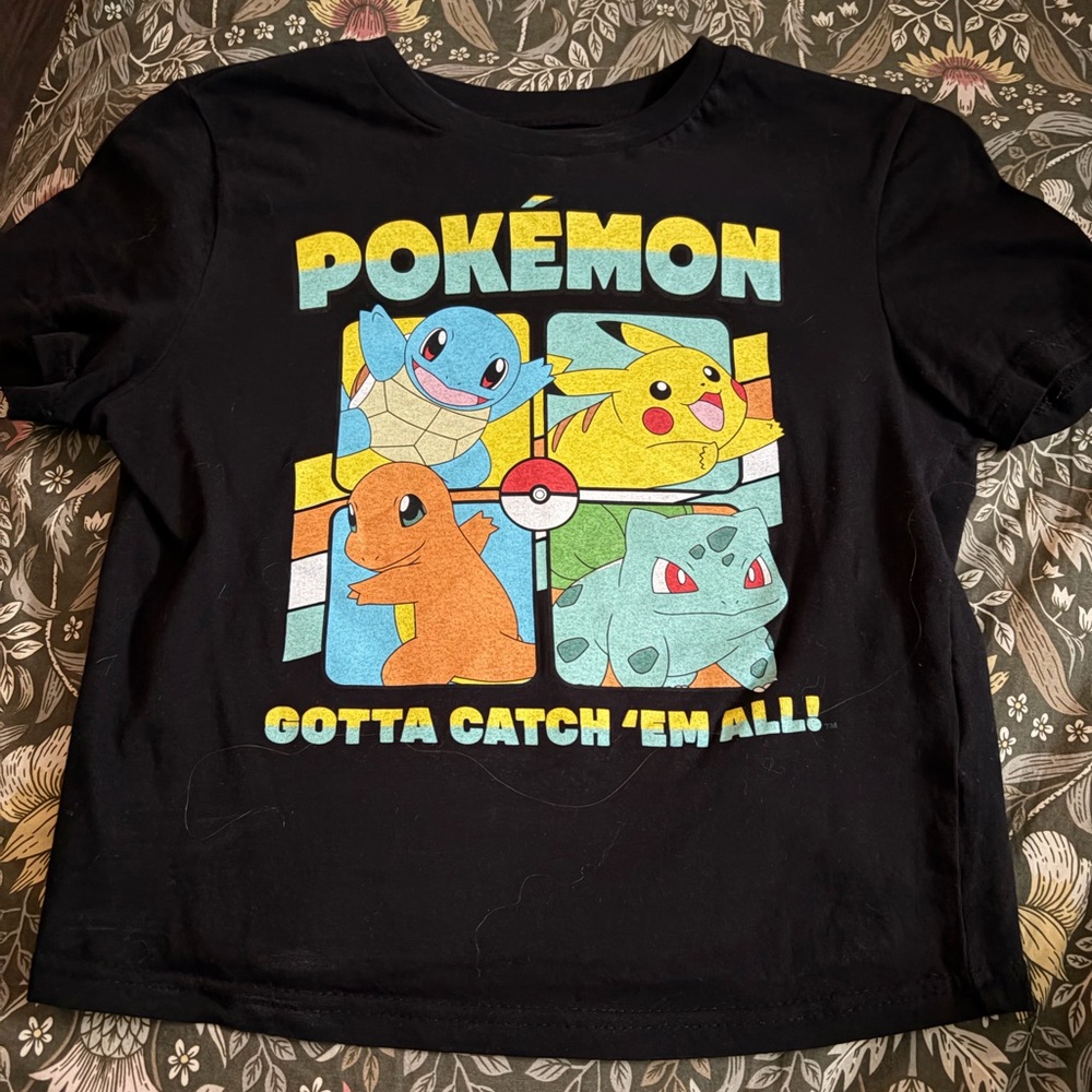 Pokemon Black Tee with Yellow, Blue, Orange & Green Character Grid